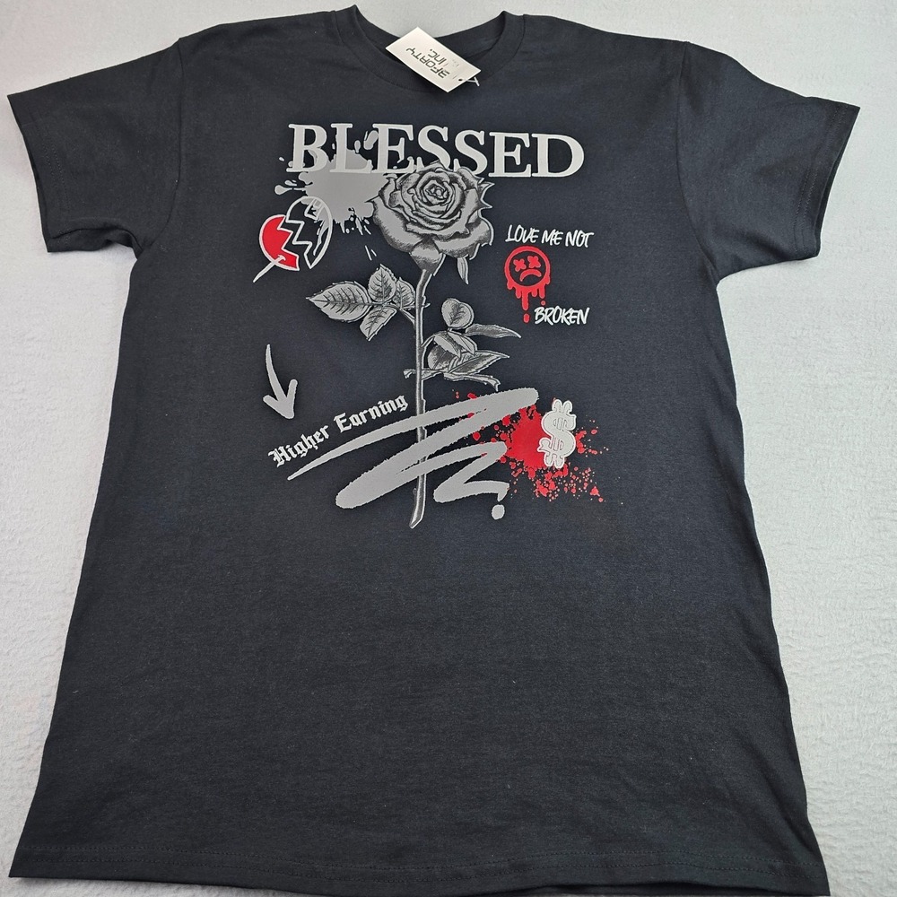3Forty Inc Blessed Rose Graphic T-Shirt MED Black Gothic Streetwear Cotton Tee